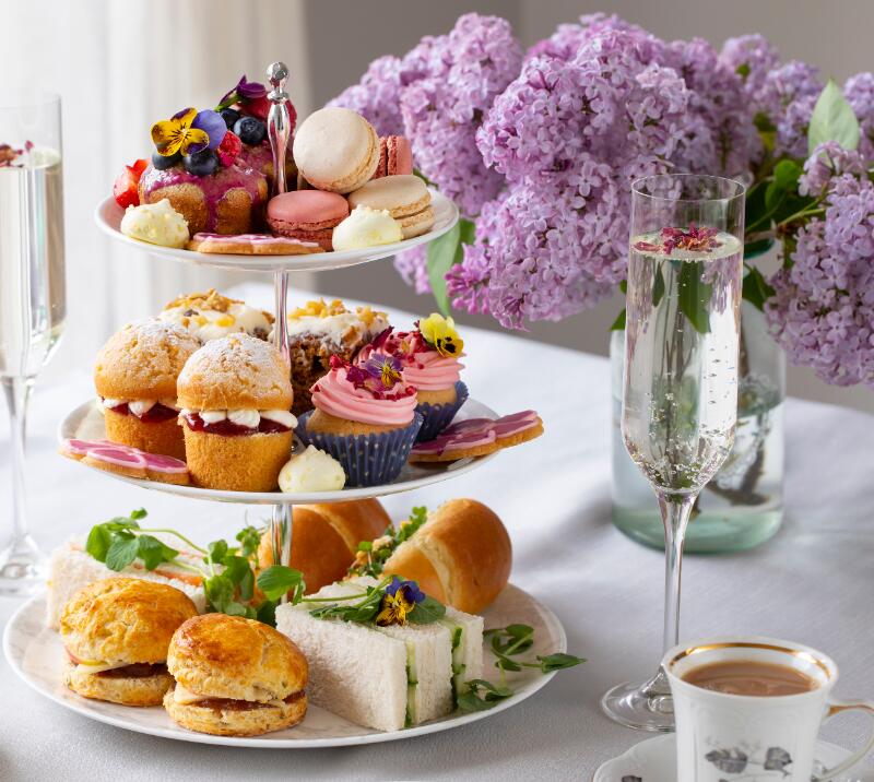 afternoon tea on a 3 tiered cake stand, champagne and tea