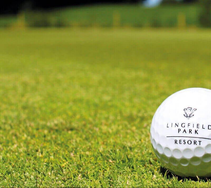 A Lingfield Park Resort branded golf ball on a green at Lingfield Park Resort.