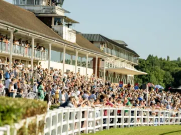 The crowds at Lingfield Park in the sunshine watching the races