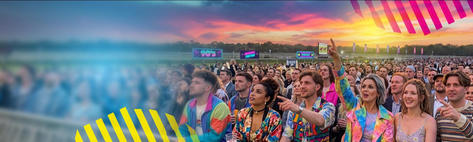 A vibrant crowd enjoying a 90s themed race night at Lingfield Park, dressed in colourful outfits under a sunset sky.