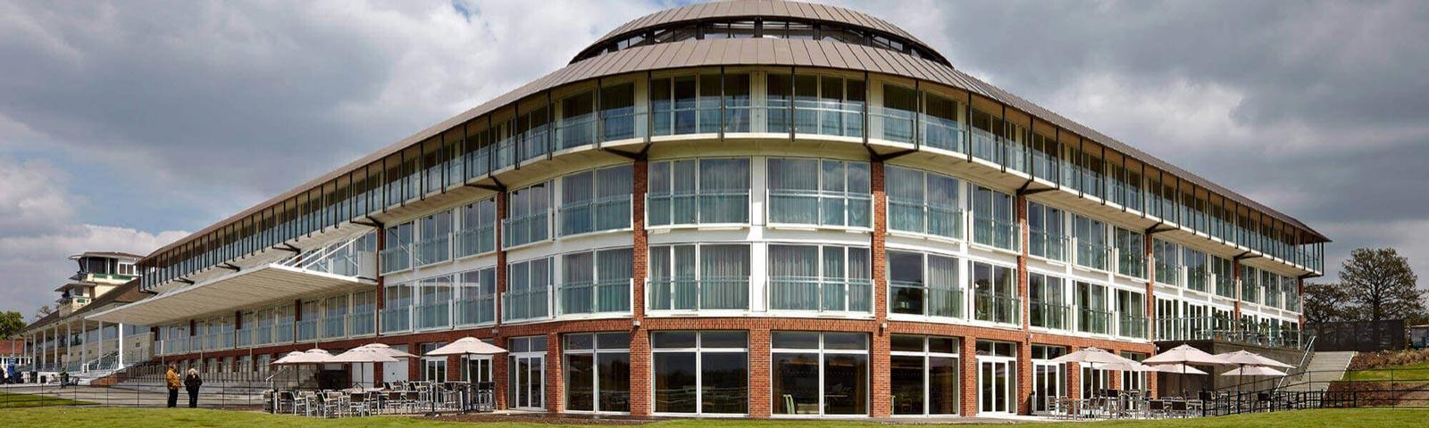 View of the Marriott hotel building, with the rooms facing the track.